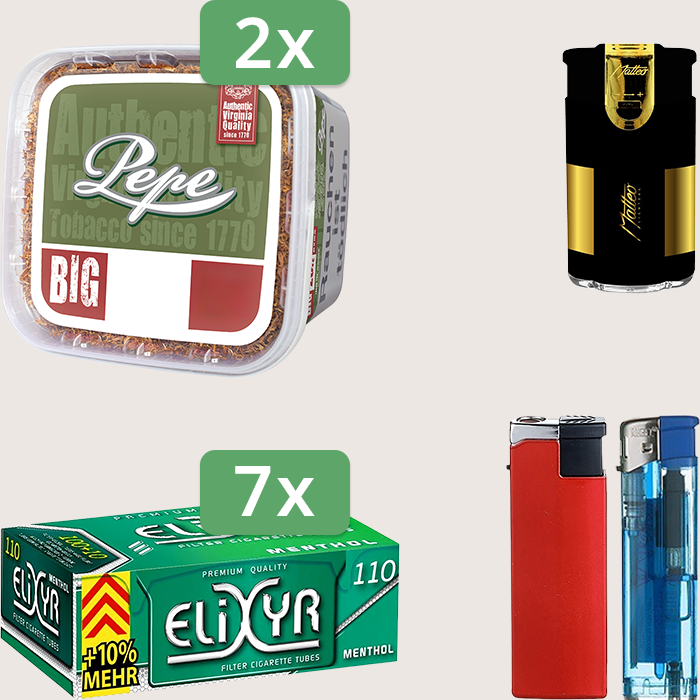 Pepe Rich Green 2 x 170 g Sparpaket mit 770 Elixyr Energy+ Menthol Hülsen und Feuerzeugset
