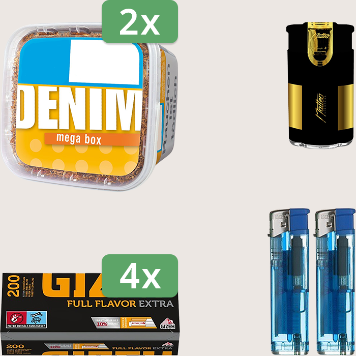 Denim Classic 2 x 210 g Sparpaket mit 800 Gizeh Full Flavor Extra Hülsen und Feuerzeugset