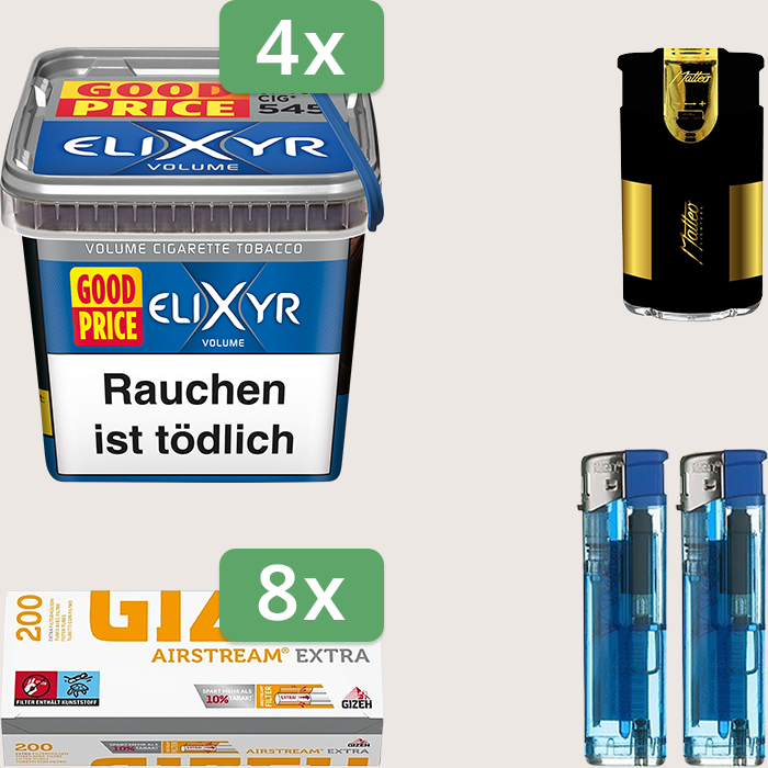 Elixyr Volume Blue 4 x 245 g Sparpaket mit 1.600 Gizeh Airstream Extra Hülsen und Feuerzeugset Elixyr Volume Blue 4 x 245 g Sparpaket mit 1.600 Gizeh Airstream Extra Hülsen und Feuerzeugset
