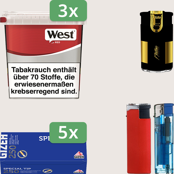 West Red 3 x 170 g Sparpaket mit 1.250 Gizeh Special Tip Hülsen und Feuerzeugset West Red 3 x 170 g Sparpaket mit 1.250 Gizeh Special Tip Hülsen und Feuerzeugset