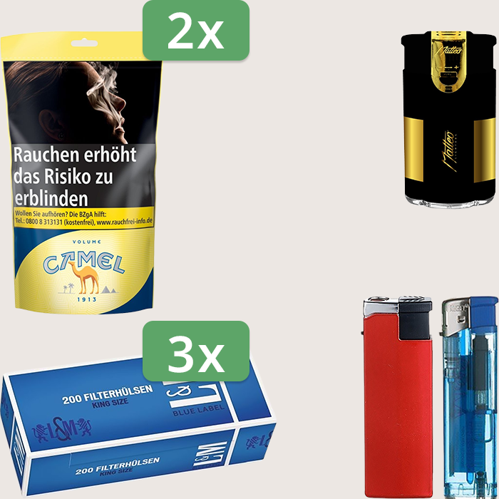 Camel Yellow 2 x 102 g Sparpaket mit 600 L&M Blue Label Hülsen und Feuerzeugset