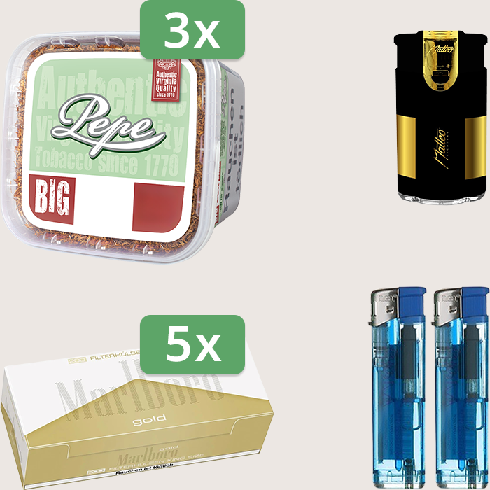 Pepe Bright Green 3 x 170 g Sparpaket mit 1.000 Marlboro Gold Hülsen und Feuerzeugset