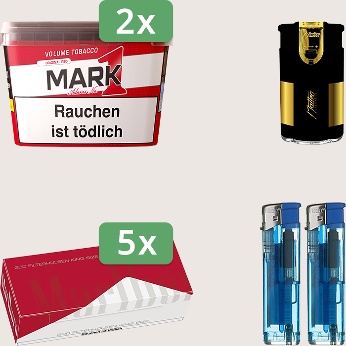 Mark 1 Original Red 2 x 255 g Sparpaket mit 1.000 Marlboro Red Hülsen und Feuerzeugset