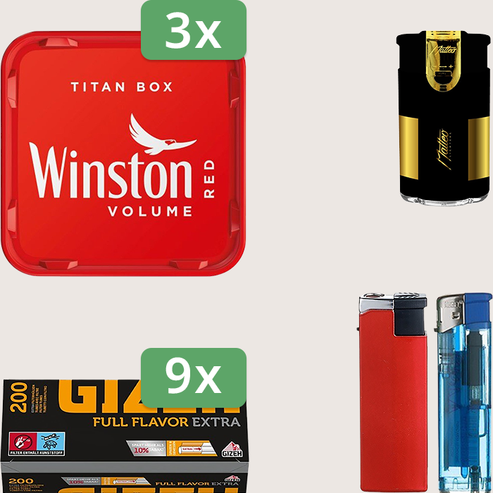 Winston Red 3 x 250 g Sparpaket mit 1.800 Gizeh Full Flavor Extra Hülsen und Feuerzeugset