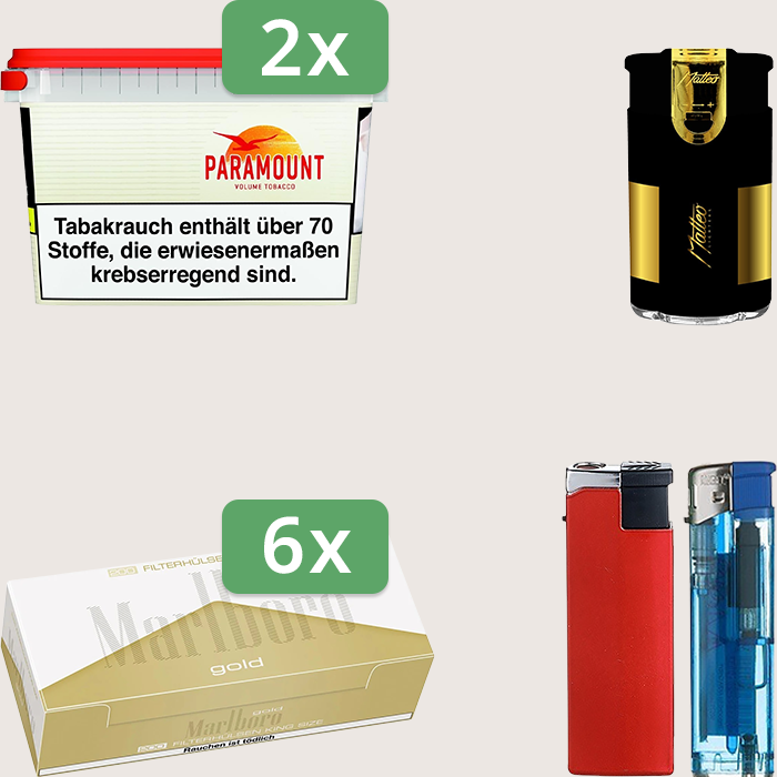 Paramount 2 x 230 g Sparpaket mit 1.200 Marlboro Gold Hülsen und Feuerzeugset Paramount 2 x 230 g Sparpaket mit 1.200 Marlboro Gold Hülsen und Feuerzeugset