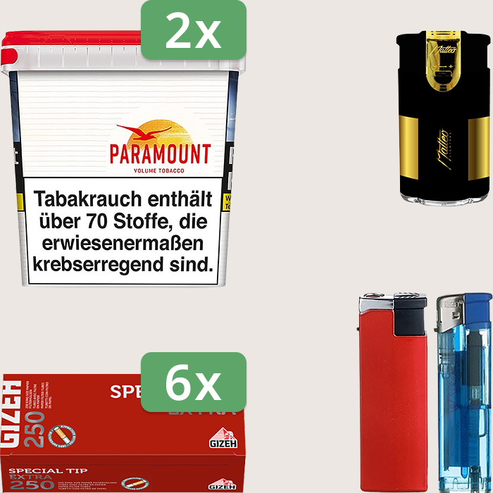 Paramount 2 x 315 g Sparpaket mit 1.500 Gizeh Special Tip Extra Hülsen und Feuerzeugset