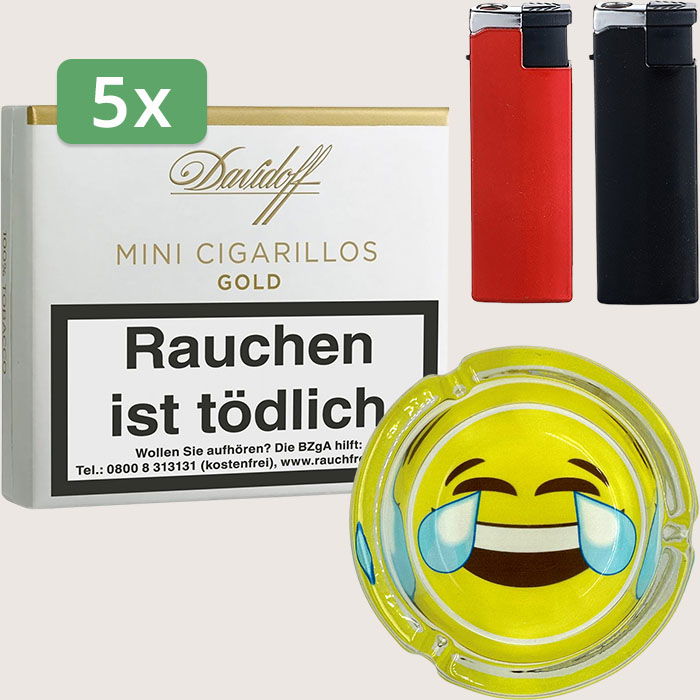 Davidoff Mini Cigarillos Gold 5 x 8,66 € Sparpaket mit 100 Zigarillos, Aschenbecher und Feuerzeugset
