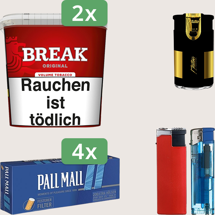 Break Original 2 x 195 g Sparpaket mit 800 Pall Mall Blue Xtra Hülsen und Feuerzeugset