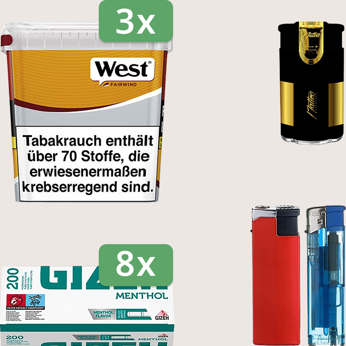 West Yellow 3 x 235 g Sparpaket mit 1.600 Gizeh Menthol Hülsen und Feuerzeugset West Yellow 3 x 235 g Sparpaket mit 1.600 Gizeh Menthol Hülsen und Feuerzeugset