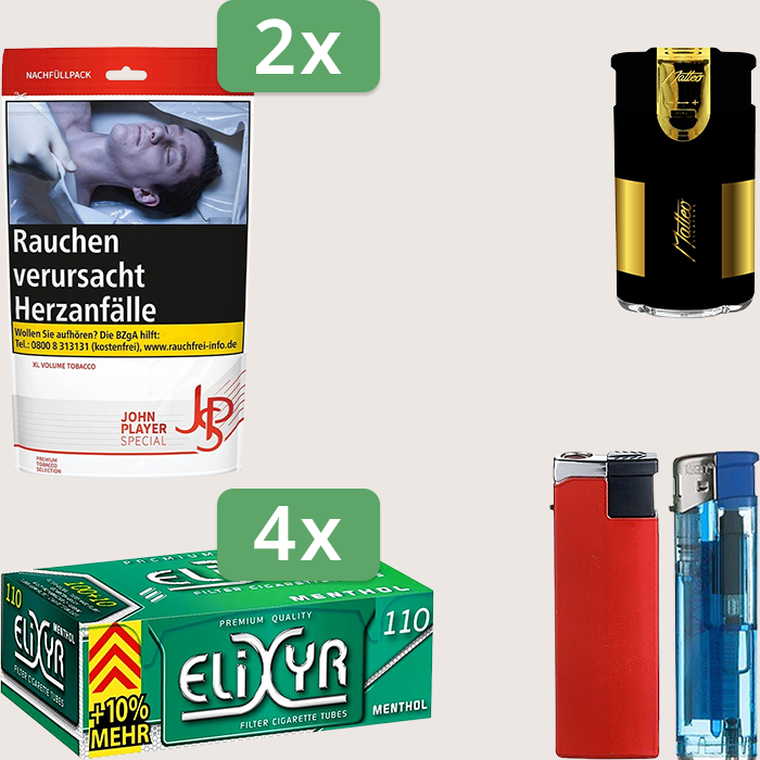 JPS Red 2 x 85 g Sparpaket mit 440 Energy+ Menthol Hülsen und Feuerzeugset