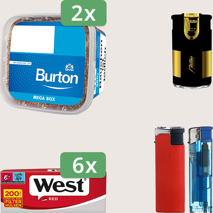 Burton Blue 2 x 270 g Sparpaket mit 1.200 West Red Hülsen und Feuerzeugset