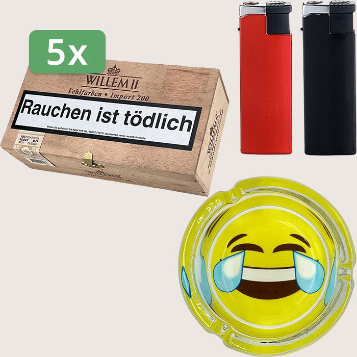 Willem II Fehlfarben Import 200 - 5 x 30,80 € Sparpaket mit 500 Zigarillos, Aschenbecher und Feuerzeugset