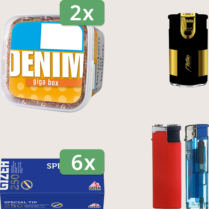 Denim Classic 2 x 315 g Sparpaket mit 1.500 Gizeh Special Tip Hülsen und Feuerzeugset