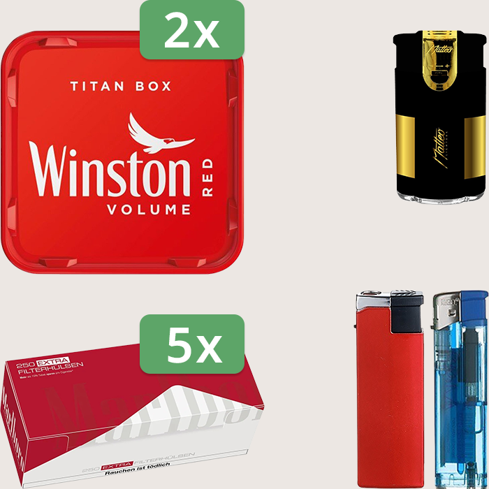 Winston Red 2 x 270 g Sparpaket mit 1.250 Marlboro Red Extra Hülsen und Feuerzeugset