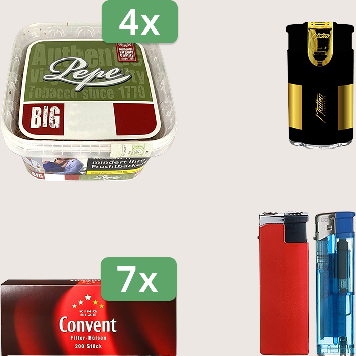 Pepe Rich Green 4 x 170 g Sparpaket mit 1.400 Convent Hülsen und Feuerzeugset