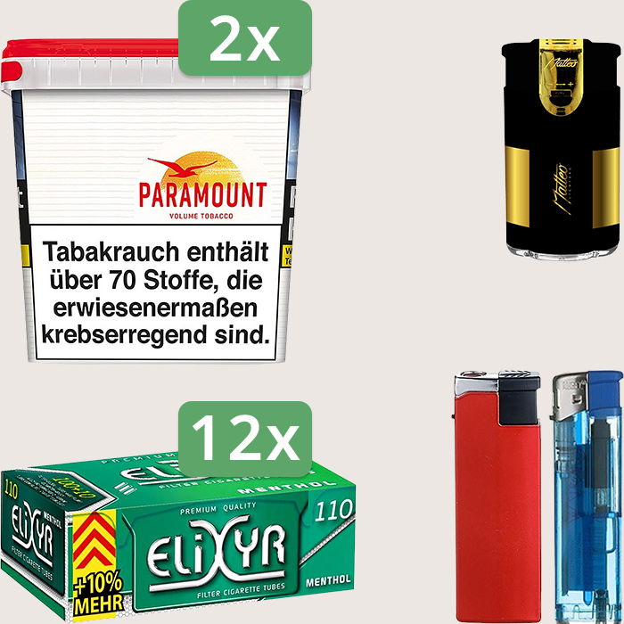 Paramount 2 x 315 g Sparpaket mit 1.320 Elixyr Energy+ Menthol Hülsen und Feuerzeugset