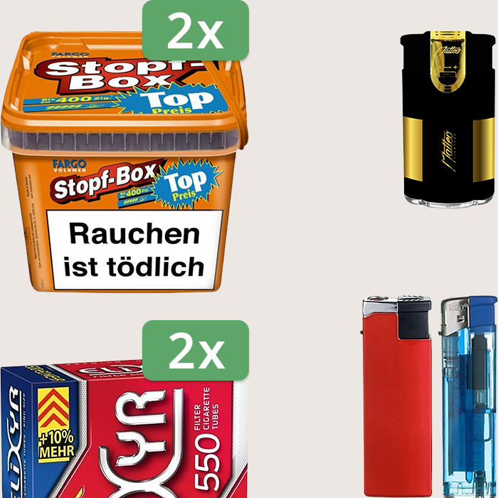 Fargo Stopfbox 2 x 155 g Sparpaket mit 1.100 Elixyr Hülsen und Feuerzeugset