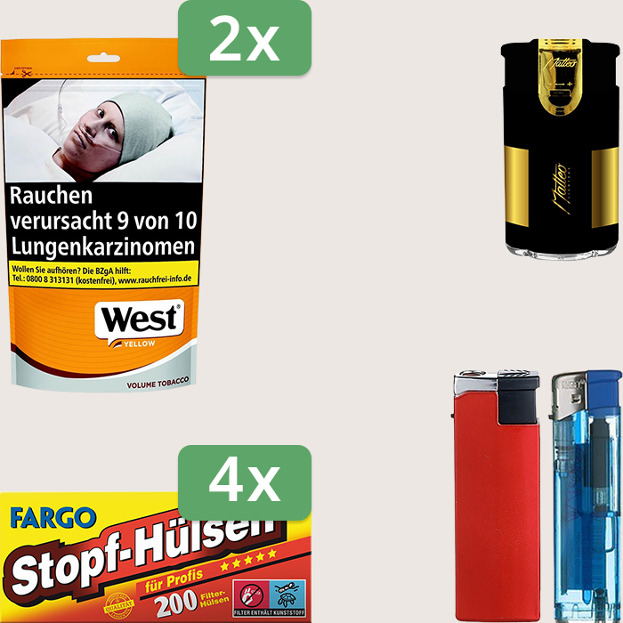 West Yellow 2 x 155 g Sparpaket mit 800 Fargo Stopfhülsen und Feuerzeugset
