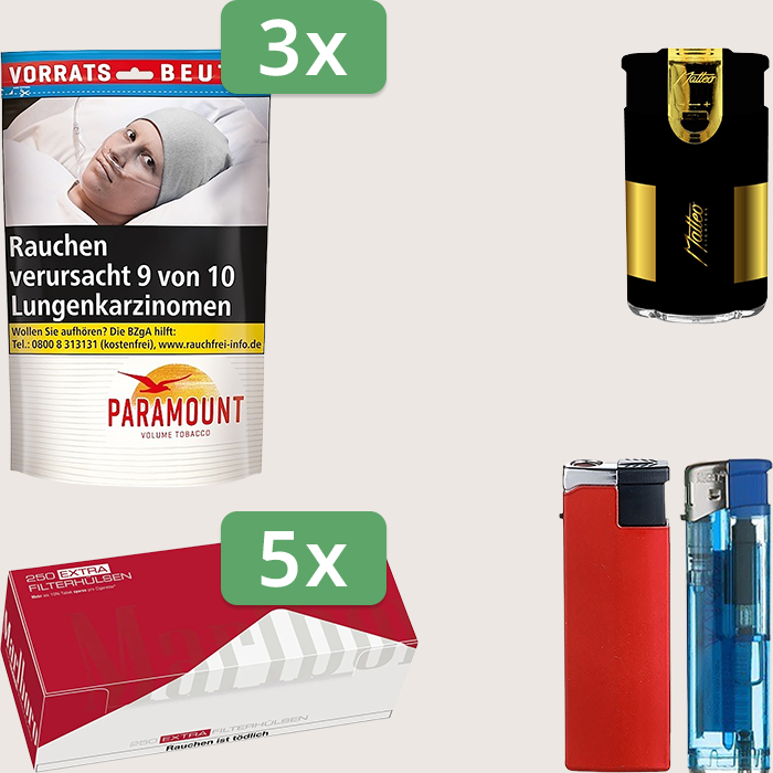 Paramount 3 x 170 g Sparpaket mit 1.250 Marlboro Red Extra Size Hülsen und Feuerzeugset