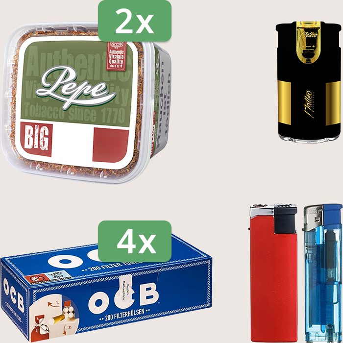 Pepe Rich Green 2 x 170 g Sparpaket mit 800 OCB Hülsen und Feuerzeugset