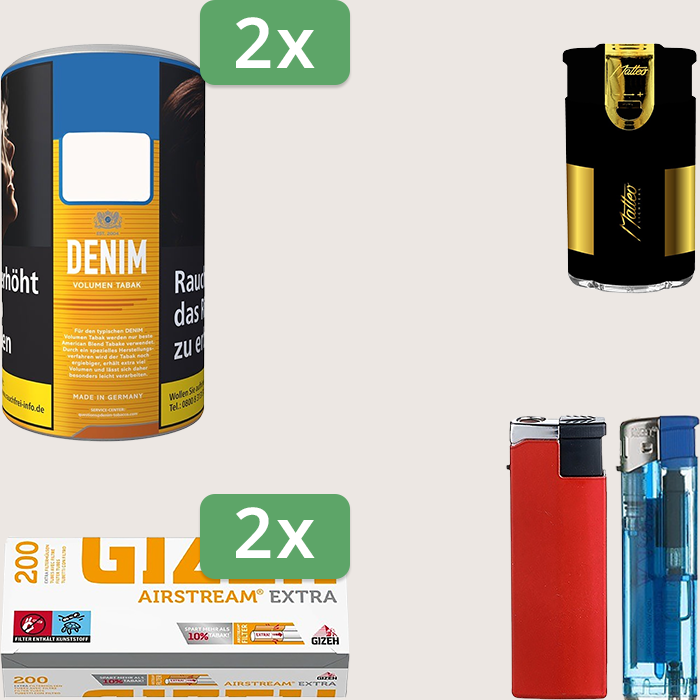 Denim Classic 2 x 90 g mit 400 Gizeh Airstream Hülsen und Feuerzeugset