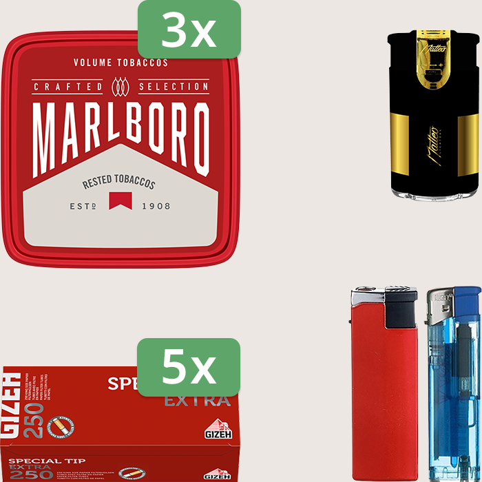 Marlboro Crafted 3 x 230 g Sparpaket mit 1.250 Gizeh Special Tip Extra Hülsen und Feuerzeugset