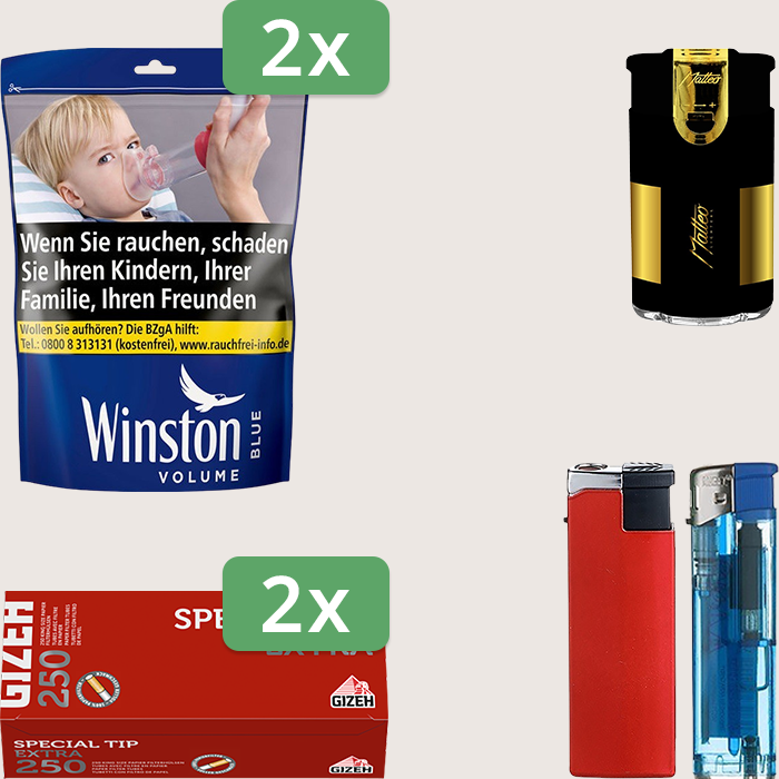 Winston Blue 2 x 105 g Sparpaket mit 500 Gizeh Special Tip Extra Hülsen und Feuerzeugset