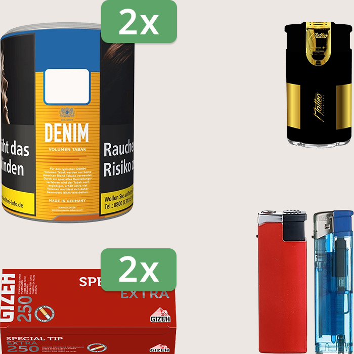 Denim Classic 2 x 65 g Sparpaket mit 500 Gizeh Special Tip Extra Hülsen und Feuerzeugset