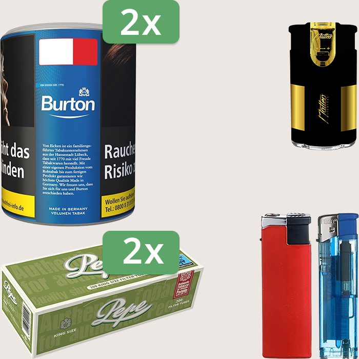 Burton Blue 2 x 65 g Sparpaket mit 400 Pepe Hülsen und Feuerzeugset
