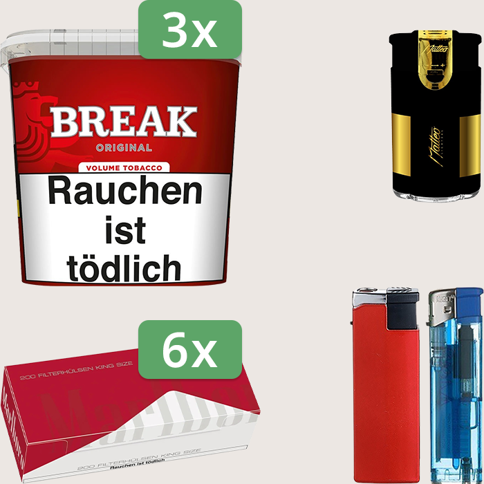 Break Original 3 x 185 g Sparpaket mit 1.200 Marlboro Red King Size Hülsen und Feuerzeugset