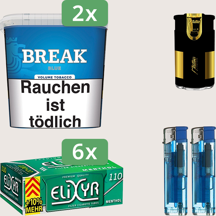 Break Blue 2 x 185 g Sparpaket mit 660 Elixyr Energy Plus Menthol Hülsen und Feuerzeugset