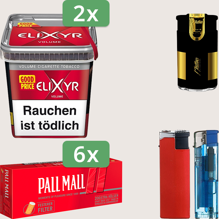 Elixyr Red 2 x 245 g Sparpaket mit 1.200 Pall Mall Red Xtra Hülsen und Feuerzeugset