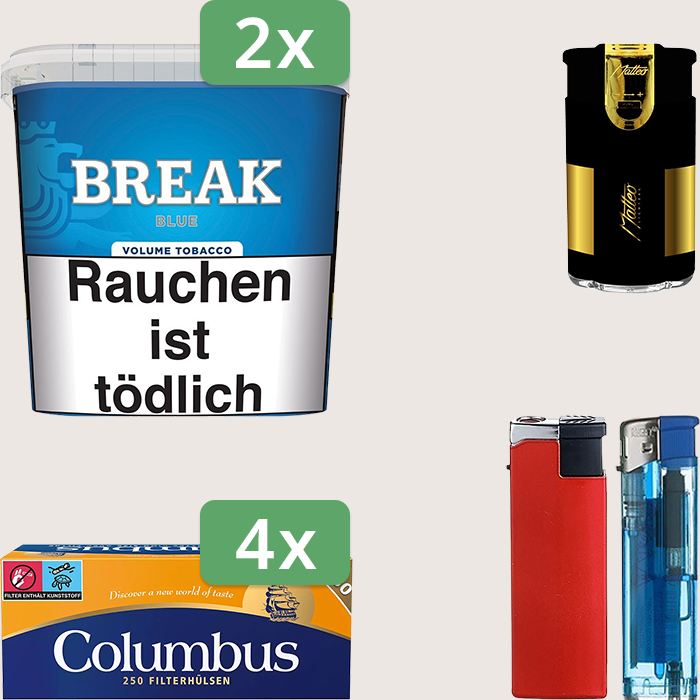 Break Blue 2 x 195 g Sparpaket mit 1.000 Columbus Hülsen und Feuerzeugset