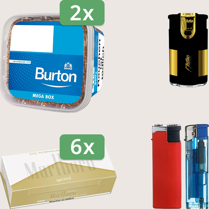 Burton Blue 2 x 270 g Sparpaket mit 1.200 Marlboro Gold Hülsen und Feuerzeugset