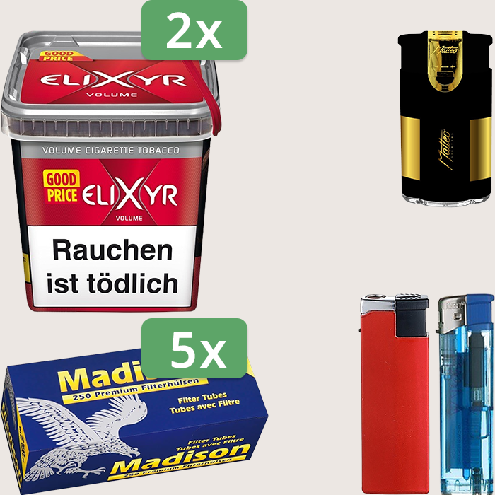 Elixyr Red 2 x 260 g Sparpaket mit 1.250 Madison Hülsen und Feuerzeugset