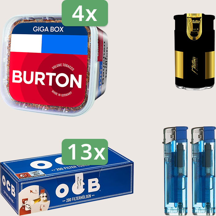 Burton Full Red 4 x 400 g Sparpaket mit 2.600 OCB Hülsen und Feuerzeugset