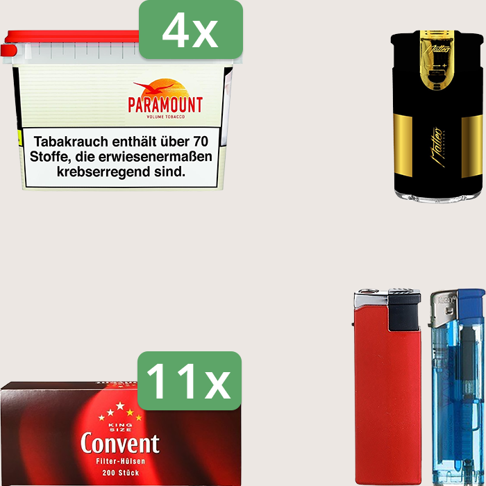 Paramount 4 x 230 g Sparpaket mit 2.200 Convent Hülsen und Feuerzeugset