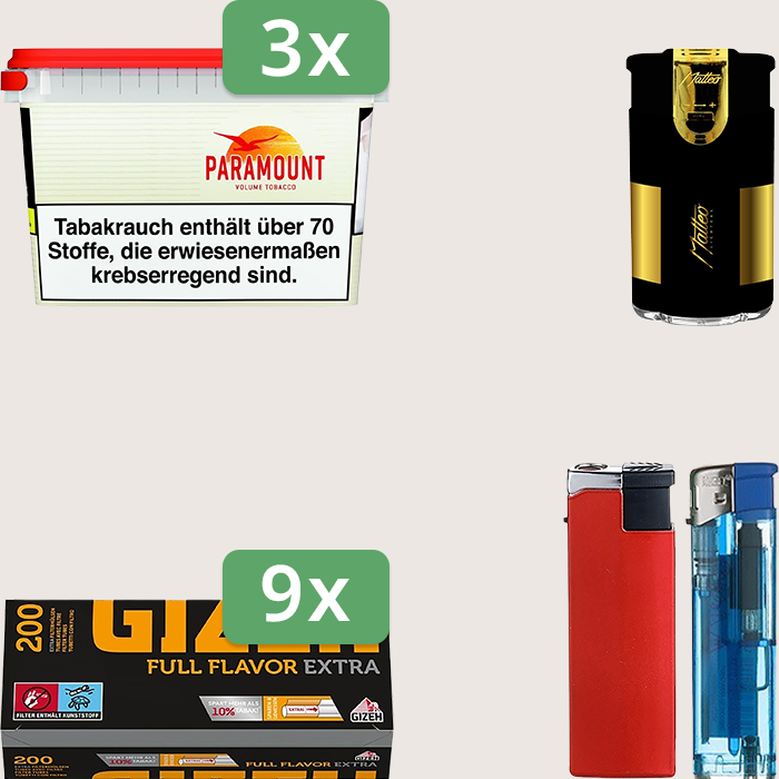 Paramount 3 x 230 g Sparpaket mit 1.800 Gizeh Full Flavor Hülsen und Feuerzeugset