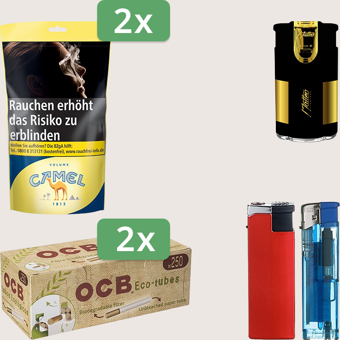 Camel Yellow 2 x 102 g Sparpaket mit 500 OCB Organic Hülsen und Feuerzeugset