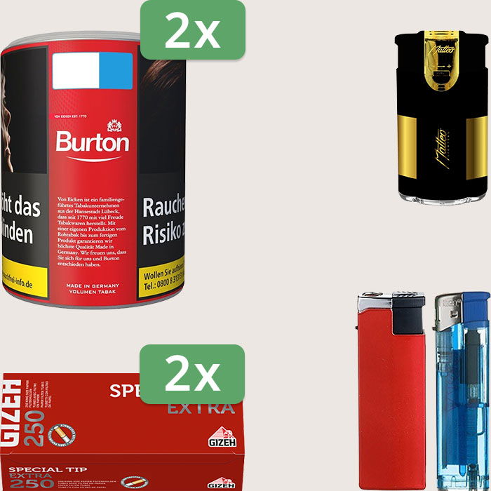 Burton Full Red 2 x 65 g Sparpaket mit 500 Gizeh Special Tip Extra Hülsen und Feuerzeugset