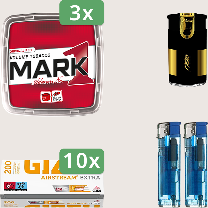 Mark 1 Original Red 3 x 400 g Sparpaket mit 2.000 Gizeh Airstream Extra Hülsen und Feuerzeugset