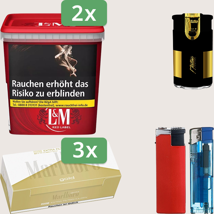 L&M Red 2 x 185 g Sparpaket mit 750 Marlboro Gold Extra Hülsen und Feuerzeugset