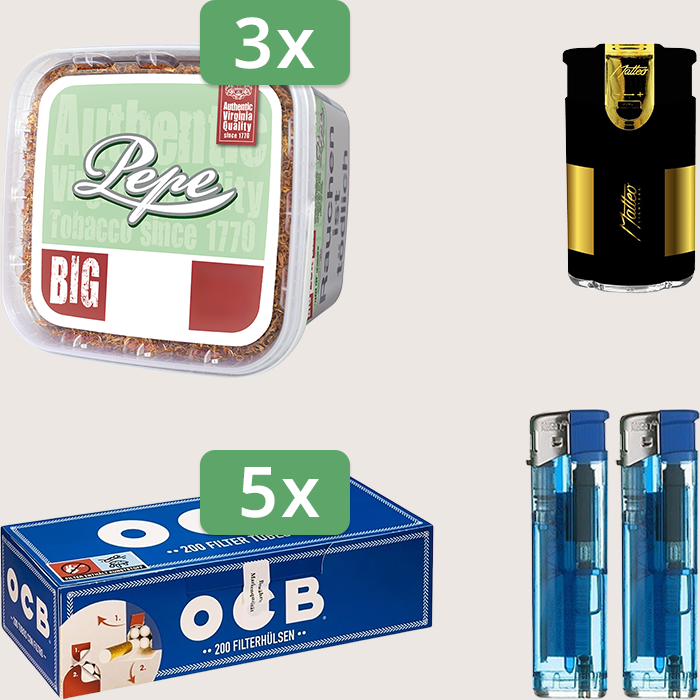 Pepe Bright Green 3 x 170 g Sparpaket mit 1.000 OCB Hülsen und Feuerzeugset Pepe Bright Green 3 x 170 g Sparpaket mit 1.000 OCB Hülsen und Feuerzeugset
