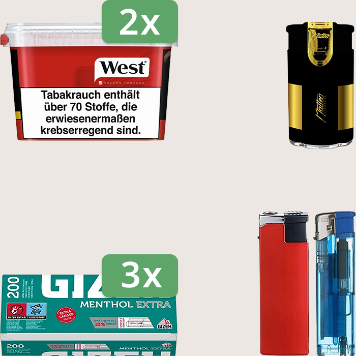 West Red 2 x 115 g Sparpaket mit 600 Gizeh Menthol Extra Hülsen und Feuerzeugset