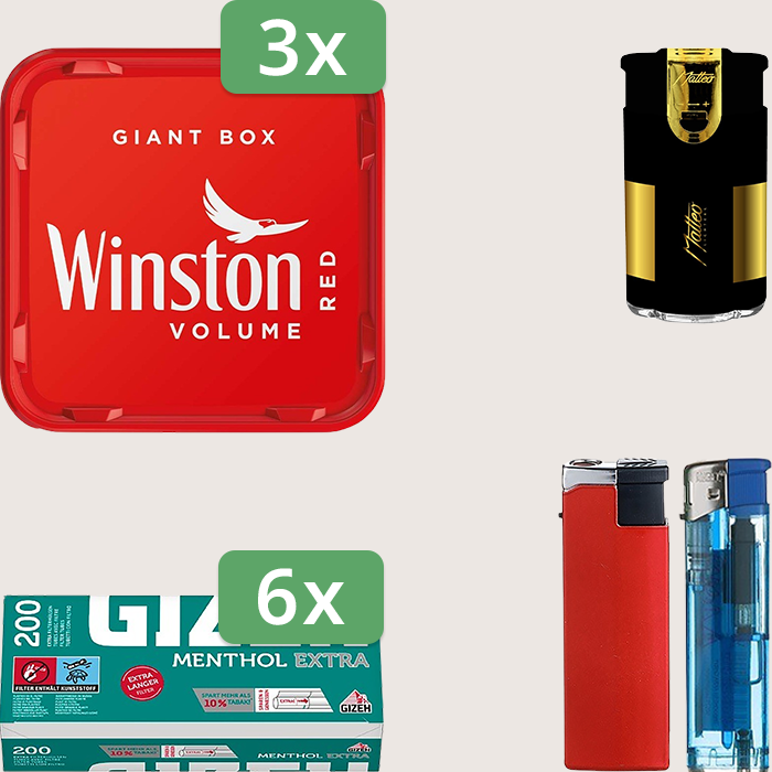 Winston Red 3 x 195 g Sparpaket mit 1.200 Gizeh Menthol Extra Hülsen und Feuerzeugset