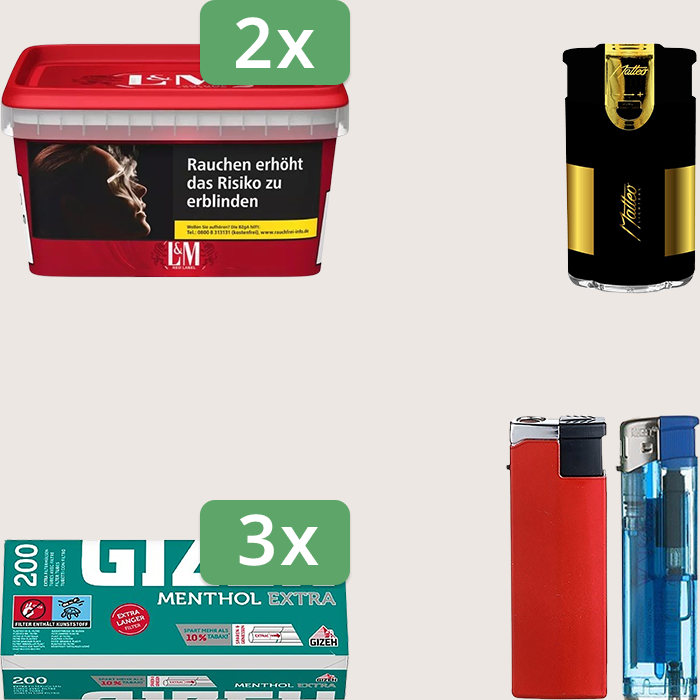 L&M Red 2 x 129 g Sparpaket mit 600 Gizeh Menthol Extra Hülsen und Feuerzeugset
