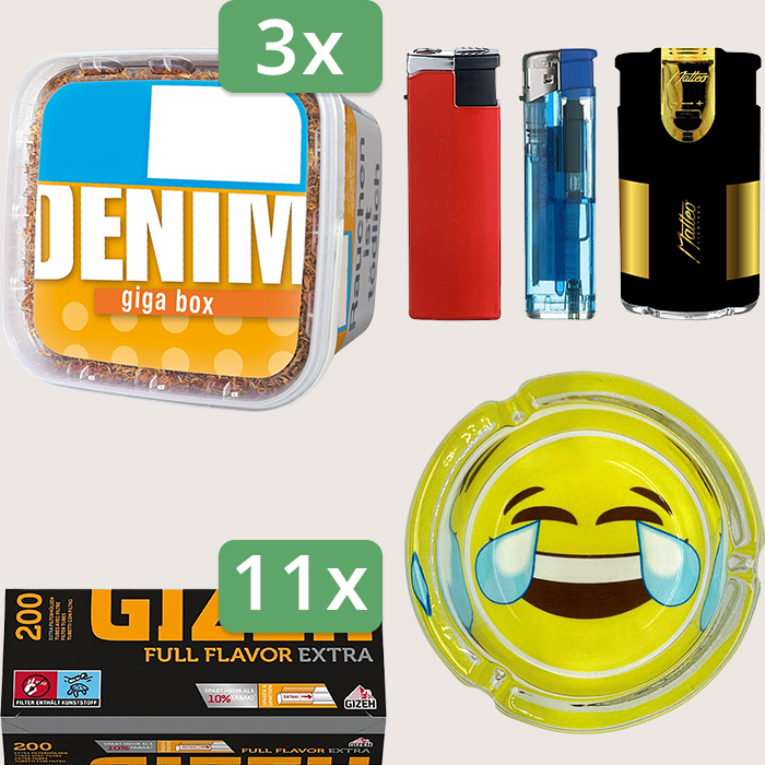 Denim Classic 3 x 315 g Sparpaket mit 2.200 Gizeh Full Flavor Extra Hülsen und Aschenbecher