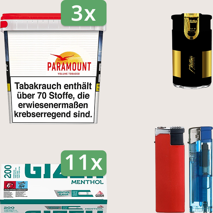Paramount 3 x 315 g Sparpaket mit 2.200 Gizeh Menthol Hülsen und Feuerzeugset