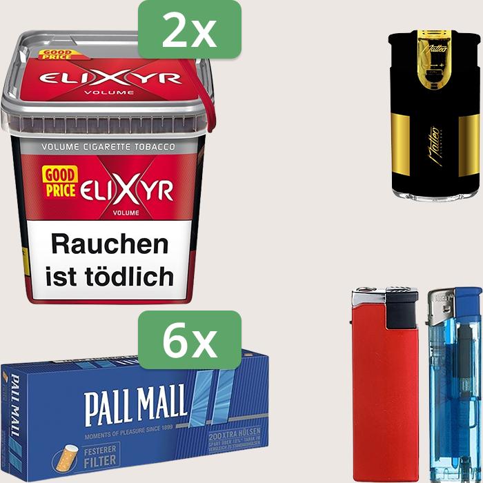 Elixyr Red 2 x 260 g Sparpaket mit 1.200 Pall Mall Blue Xtra Hülsen und Feuerzeugset