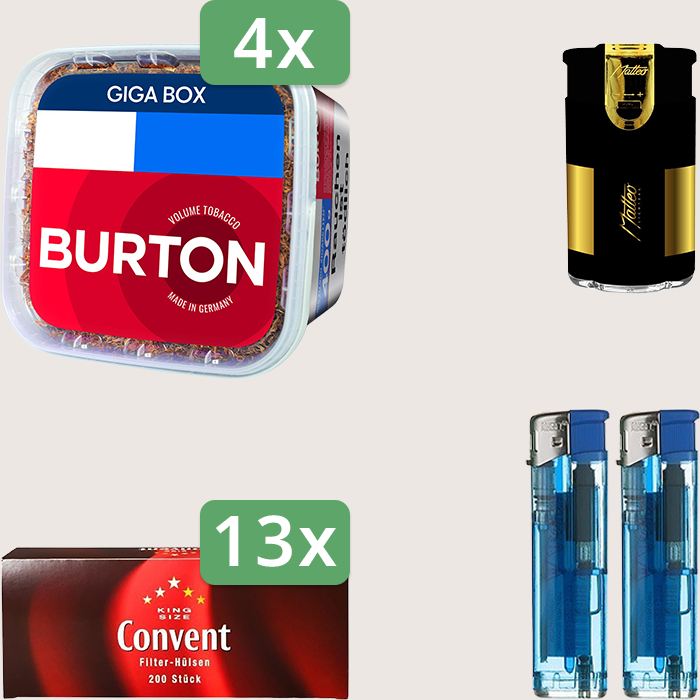 Burton Full Red 4 x 400 g Sparpaket mit 2.600 Convent Hülsen und Feuerzeugset